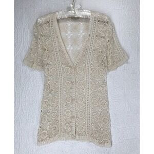 Vintage Hand Crocheted Lace Sweater Size M Short Sleeve Button Up Ivory